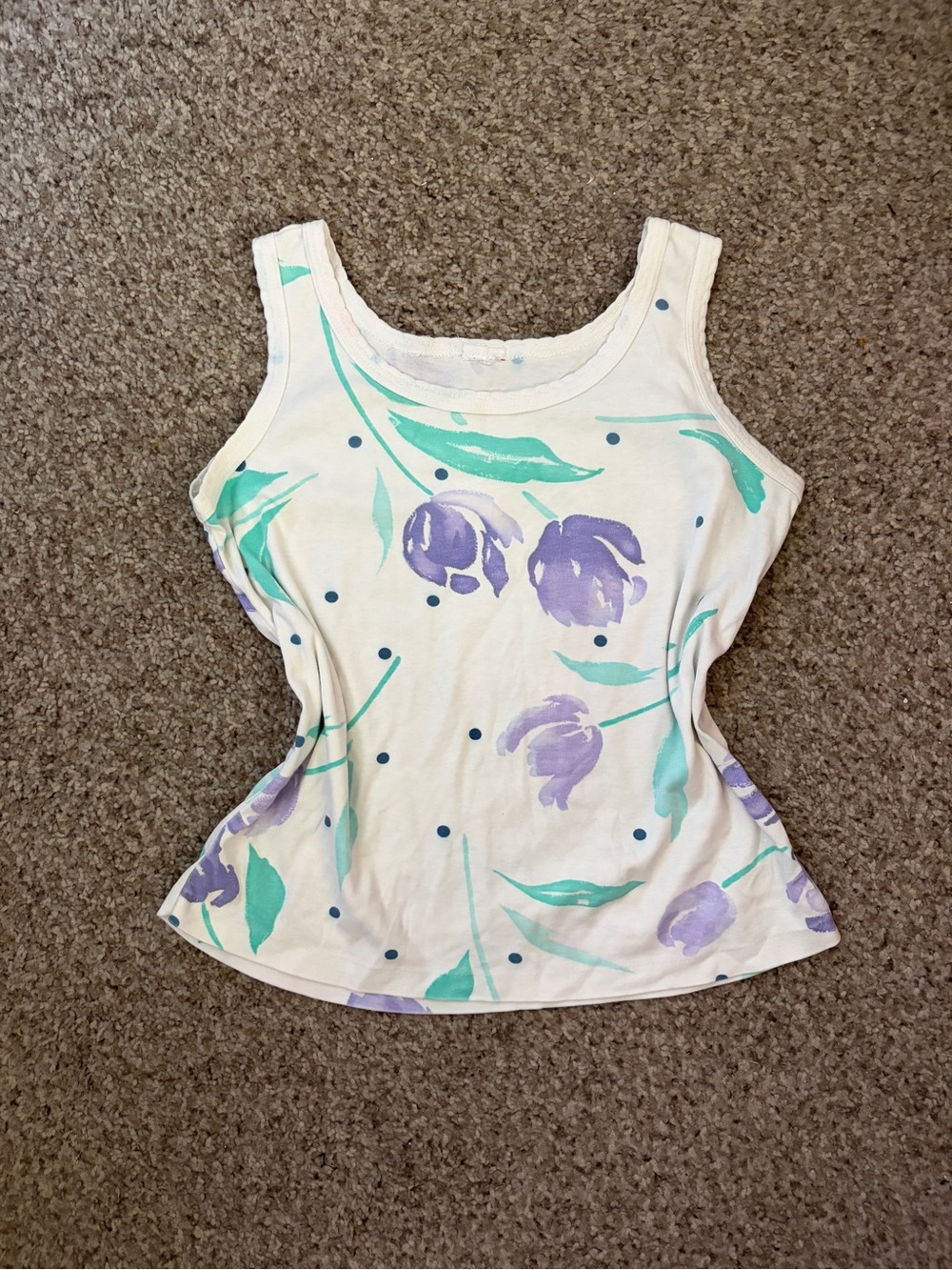 Women’s Floral Tank Top in White with Purple & Teal Print Vintage 90s